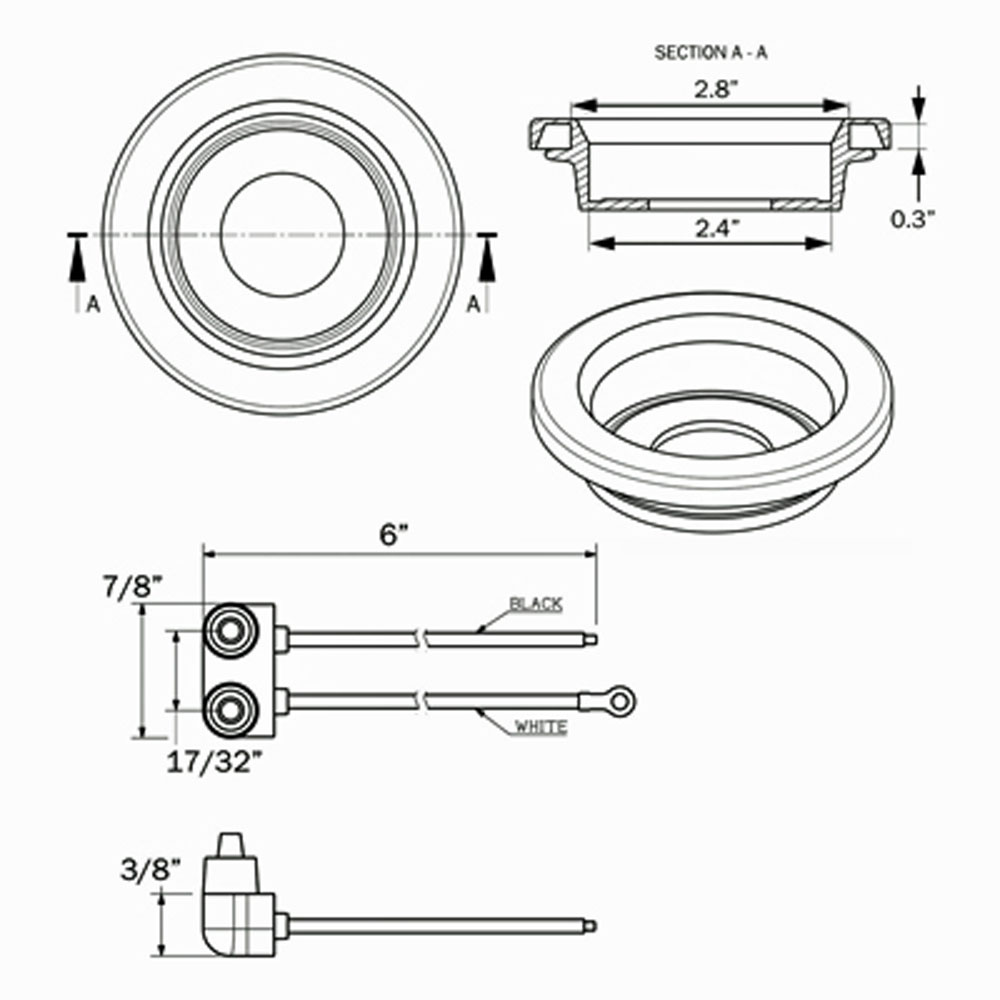 (image for) Trailer Light Flush Mount Grommet & Pigtail 2-1/2" Round Dexter/Redneck #A-55GK
